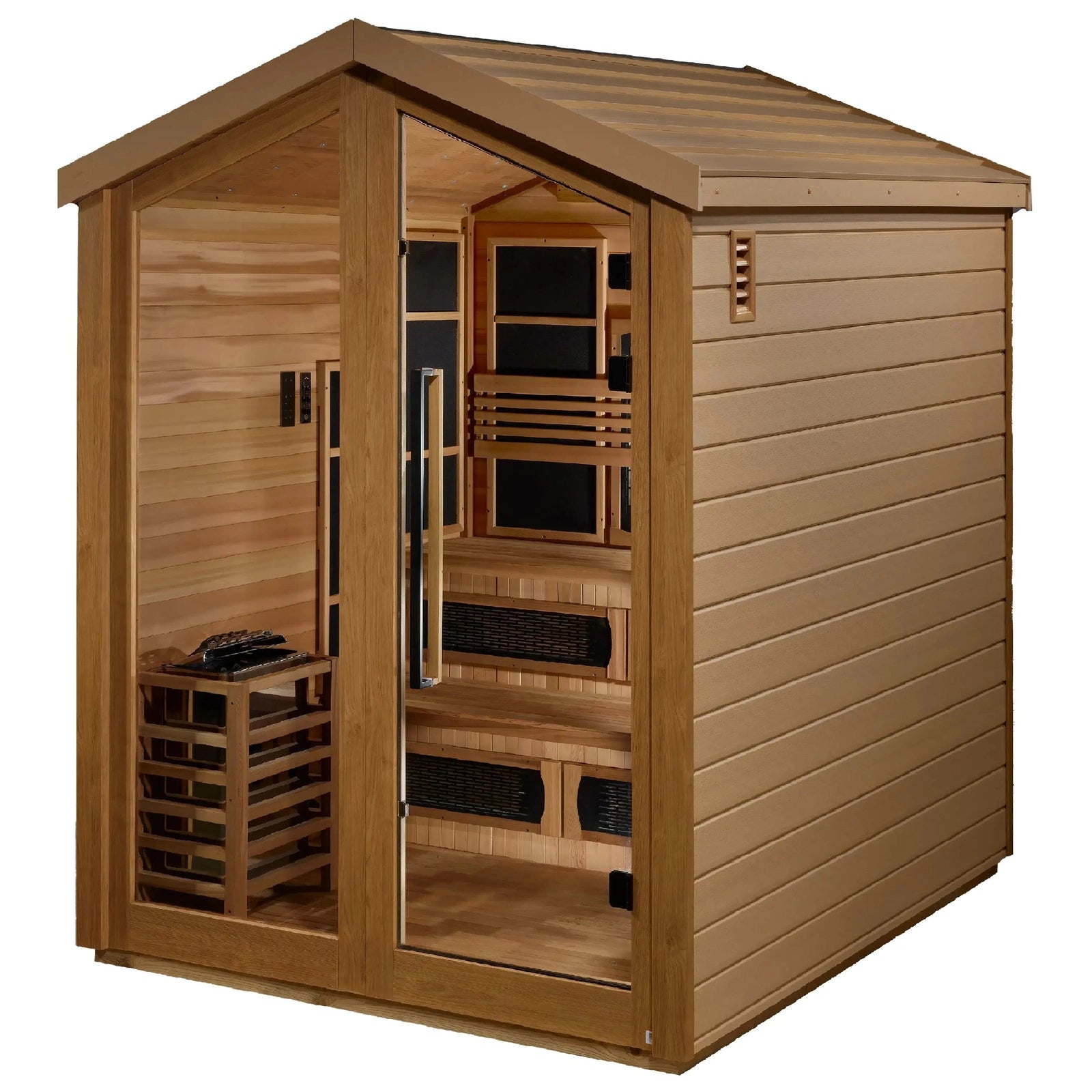 Golden Designs Kaskinen 6 Person Hybrid (PureTech™ Full Spectrum IR or Traditional Stove) Outdoor Sauna (GDI-8526-01) - Canadian Red Cedar Interior - Image 4