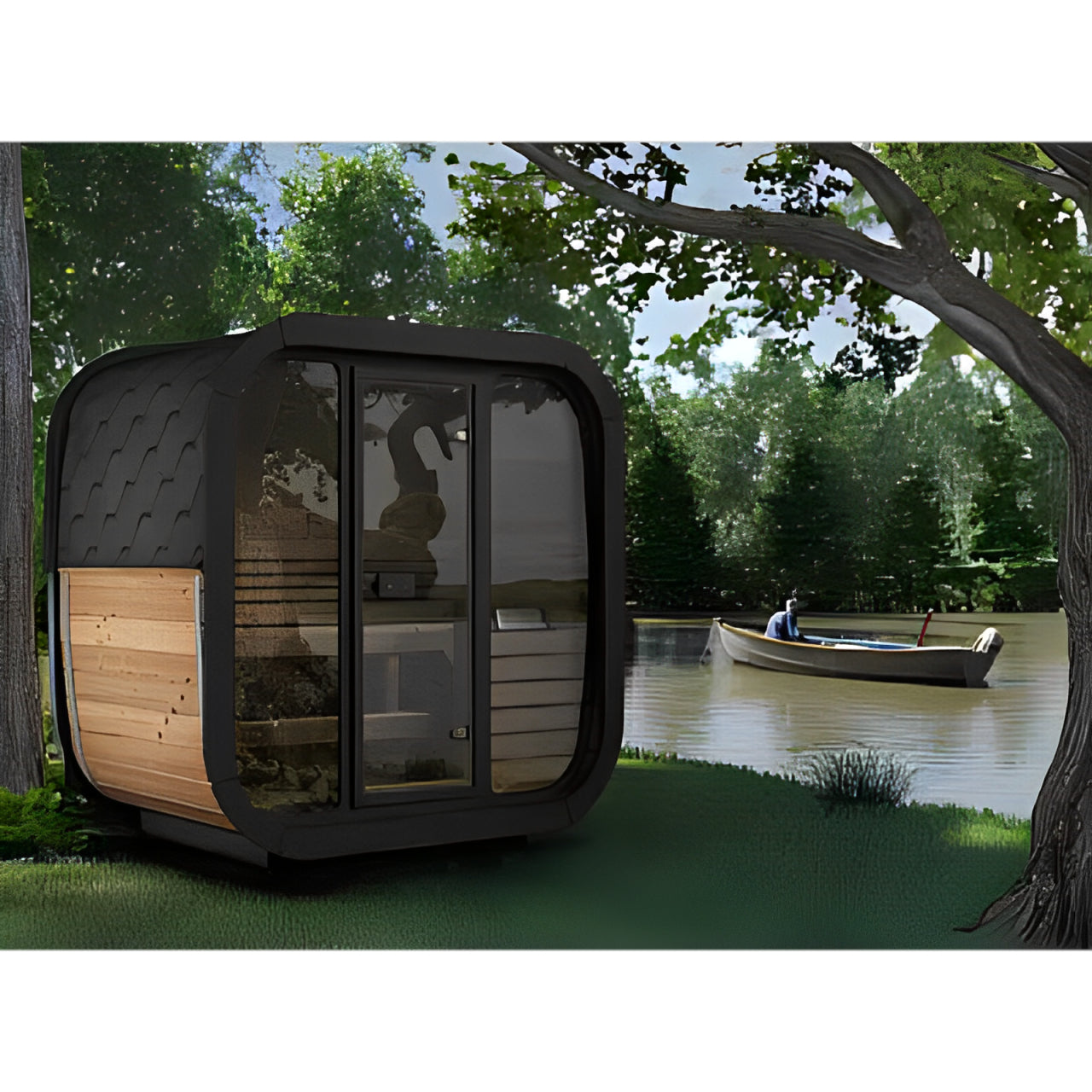 SaunaLife CL4G 3-Person Outdoor Cube Cabin Sauna with Full Glass Front & LED Lighting - Image 8