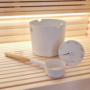 SaunaLife Accessory Package 6 - Aluminum 1-Gallon Sauna Bucket Set with Wood Ladle and Thermometer - White