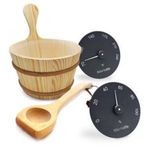 SaunaLife Accessory Package 3: Wooden Sauna Bucket, Ladle, Thermometer, and Hygrometer – Black