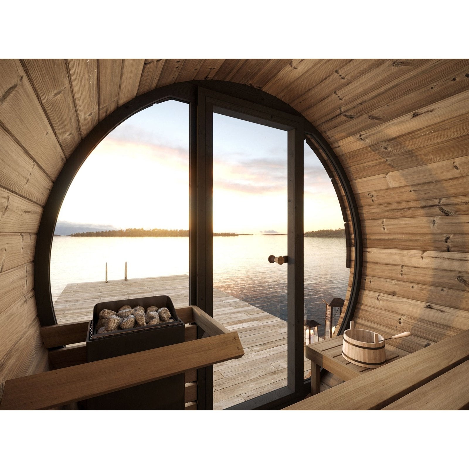 SaunaLife EE6G 4-Person Barrel Sauna w/ Rear Benches & Front Windows, 63"x91" - Image 3